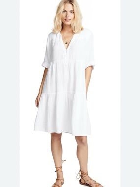 XIRENA White Billie Seersucker Cotton Dress XS Short Sleeve Tiered Babydoll USA